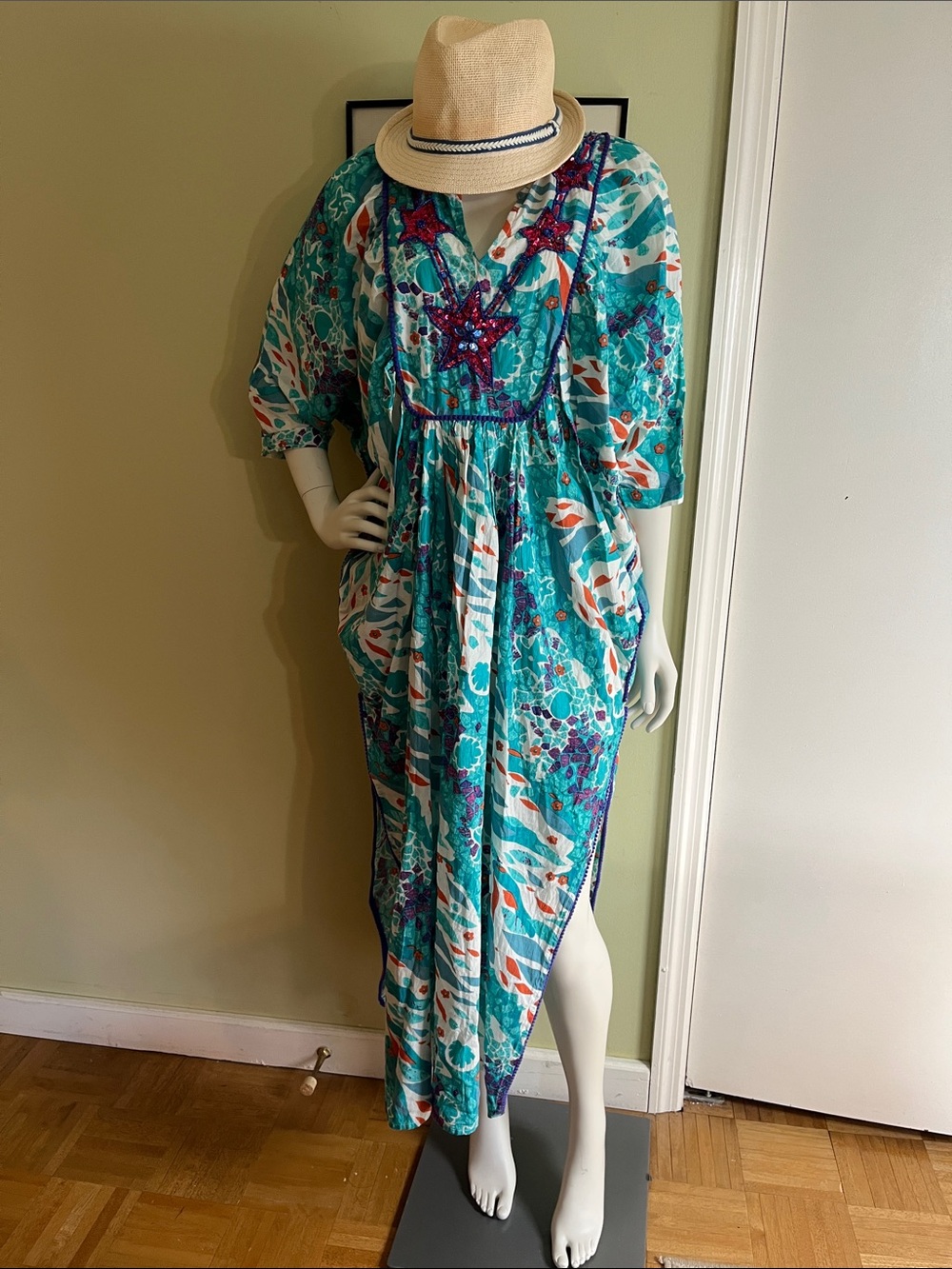 70’s Vintage Women's Teal Seaside Maxi Dress with Starfish Sequined Inset